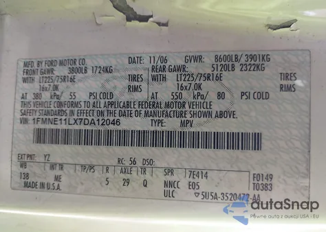 2007 Ford E-150 Chateau/Xl/Xlt из США, поврежденный, VIN 1FMNE11LX7DA12046